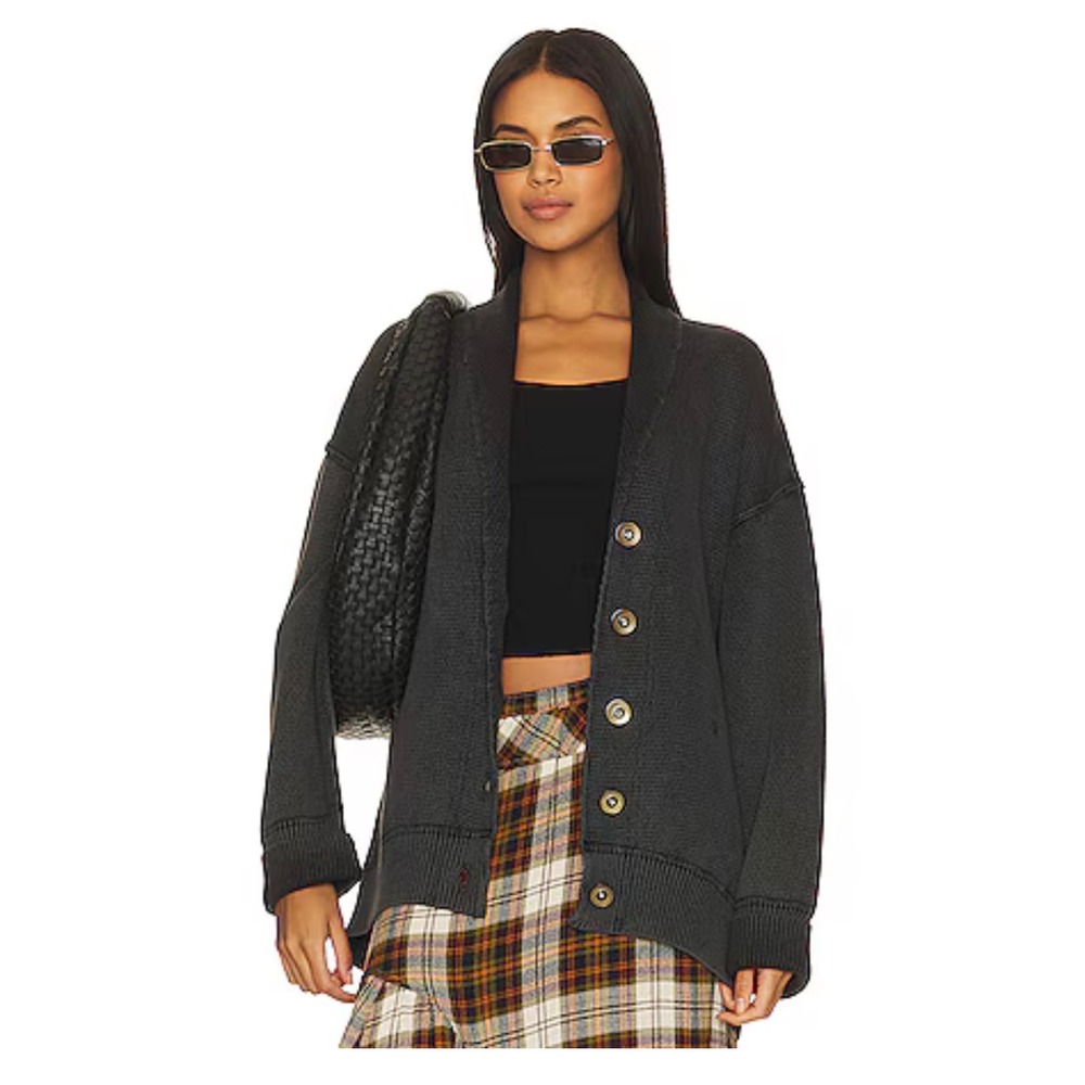 Free People Cardigan Women Medium Gray Good Oversized Shawl Collar Button Front